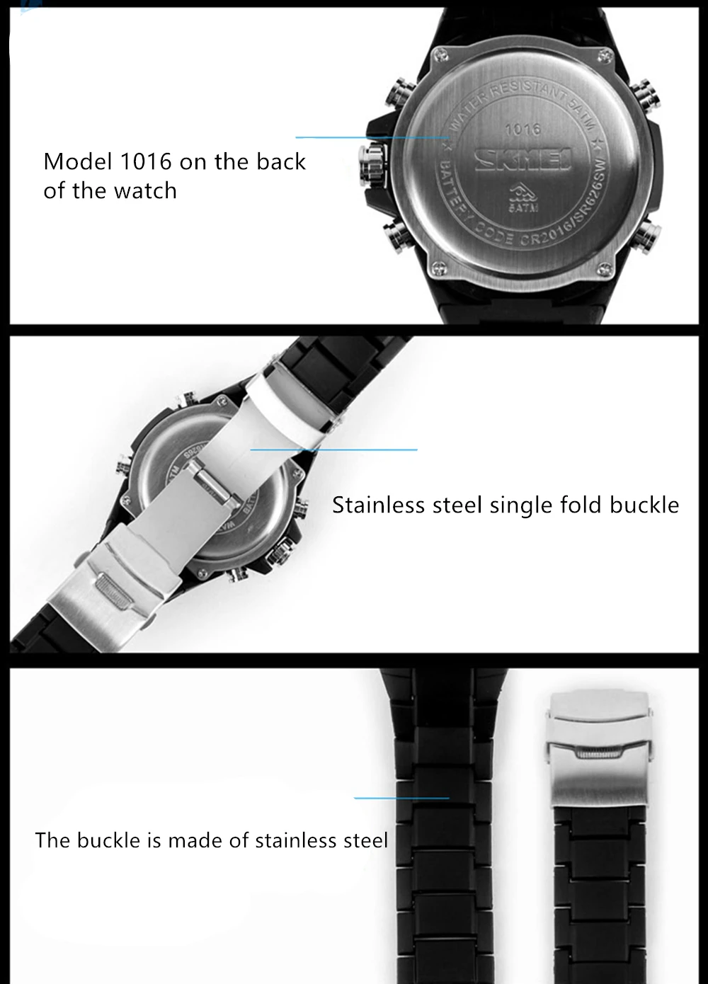 1 Set Sports Watch Accessories for Skmei 1016 Plastic Wristband Adjustable Replacement Watch Strap Band Stainless Steel Clip