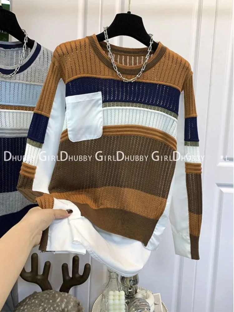 

Fashion Patchwork Colored Striped Sweater Round Neck Vintage Aesthetic Knitwear Sweet Style Korean Women's Tops