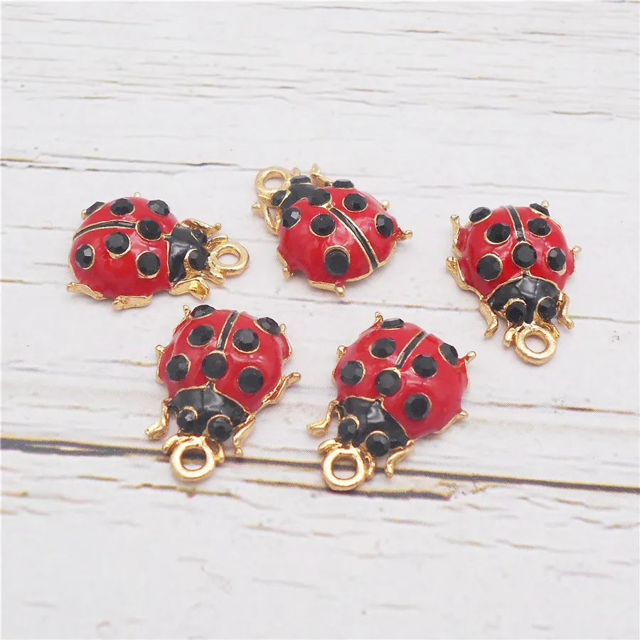 Julie Wang 6PCS Enamel Red Ladybug Charms Cartoon Alloy Animal Insect Pendant Bracelet Jewelry Making Accessory