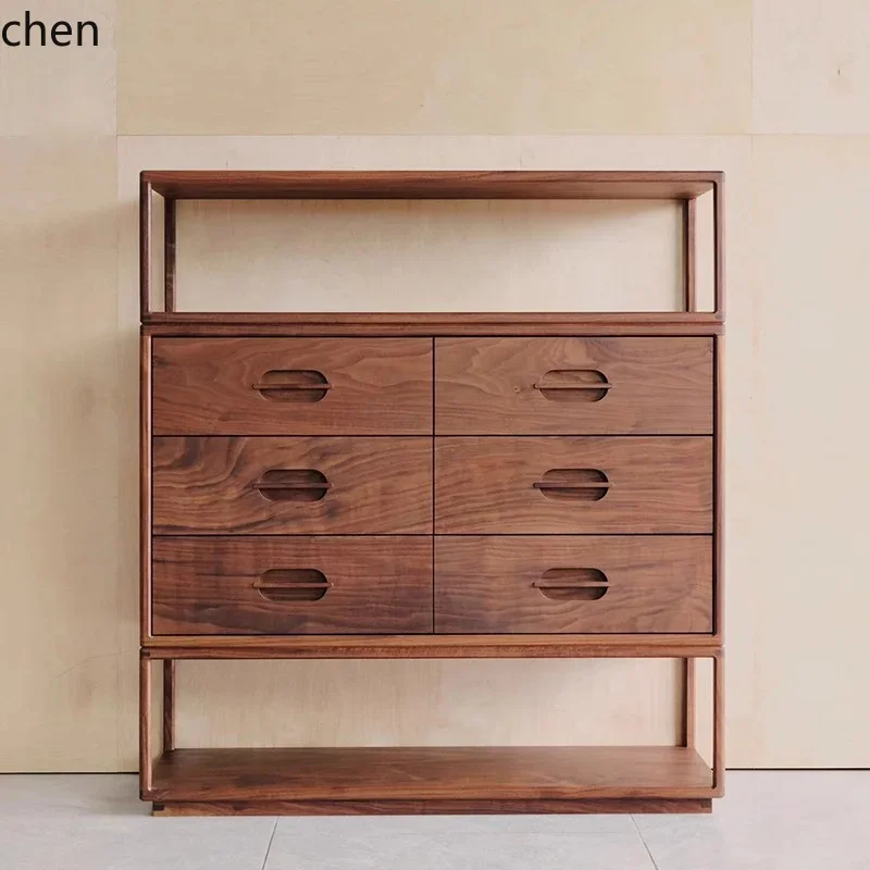 y9.3-Solid Wood Side Cabinet Six-Drawer Cabinet Living Room Storage Drawer Cabinet Black Walnut High-End