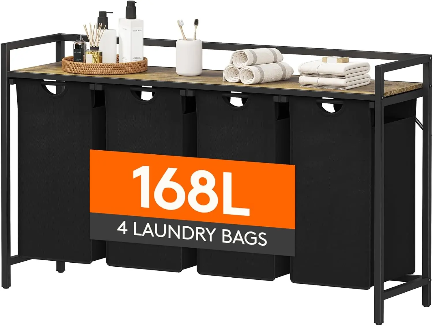 

4-Section Pull-Out Laundry Hamper with Shelf, 168L Capacity, Removable Bags for Bedroom Bathroom Storage