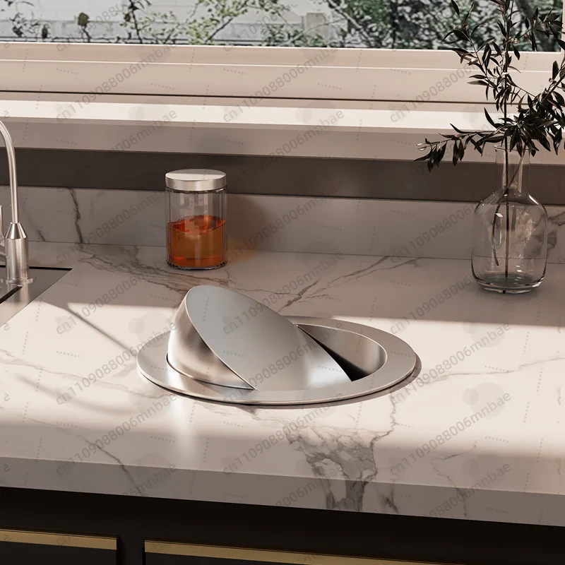 

Invisible Countertop Embedded Stainless Steel Trash Can Cover Round Cover Household Kitchen Cabinet Shake Cover Toilet Flip