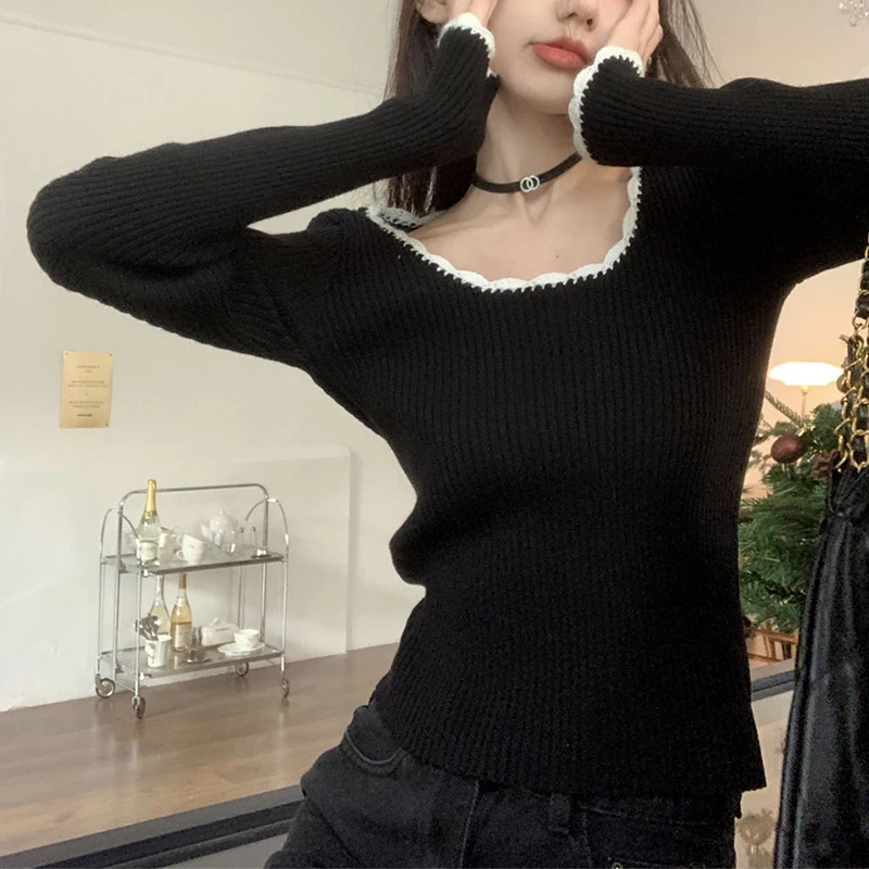 Korean Cute O Neck Long Sleeve Slim Fit Pullovers Tees Y2K Kawaii Sweet Knitted Crop Tops Autumn Patchwork Knitwear T-shirt