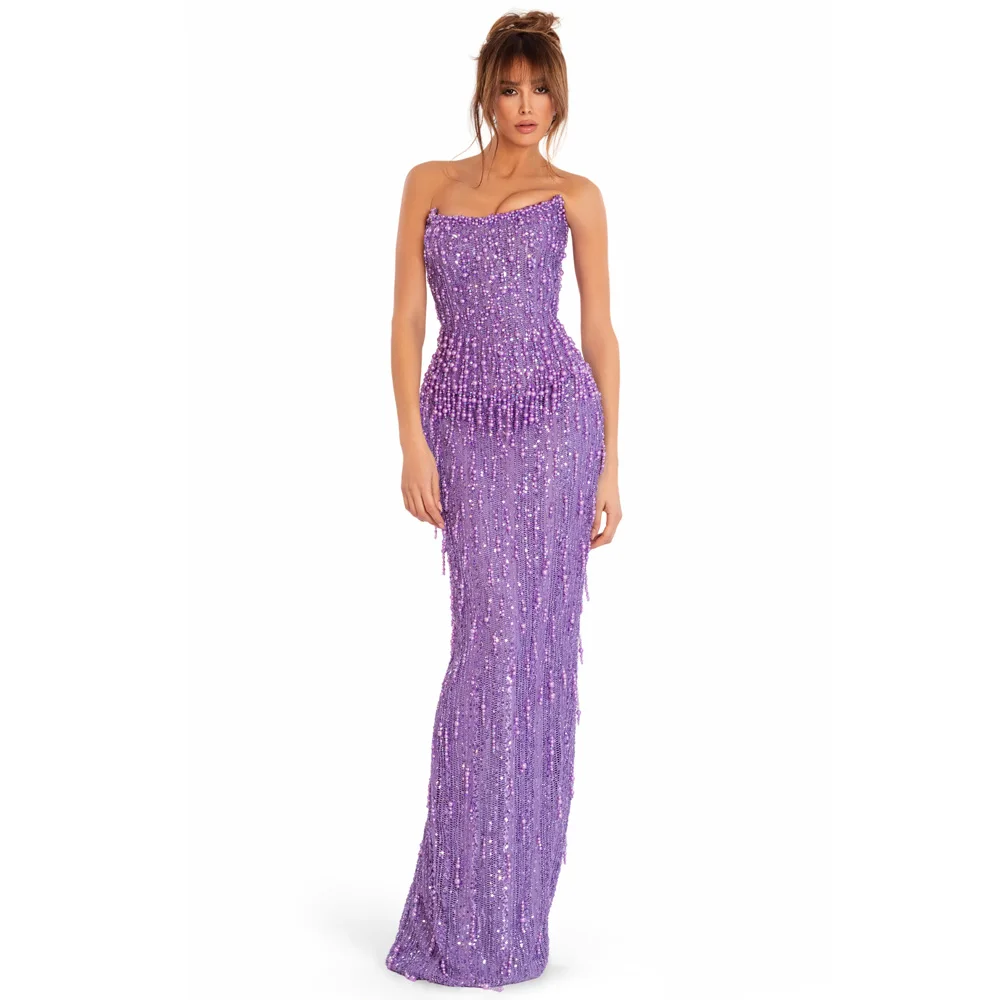 

Customized Crystals Tassel Evening Dresses 2026 Strapless Mermaid vestidos de gala Back Split Sequin Long Formal Gown