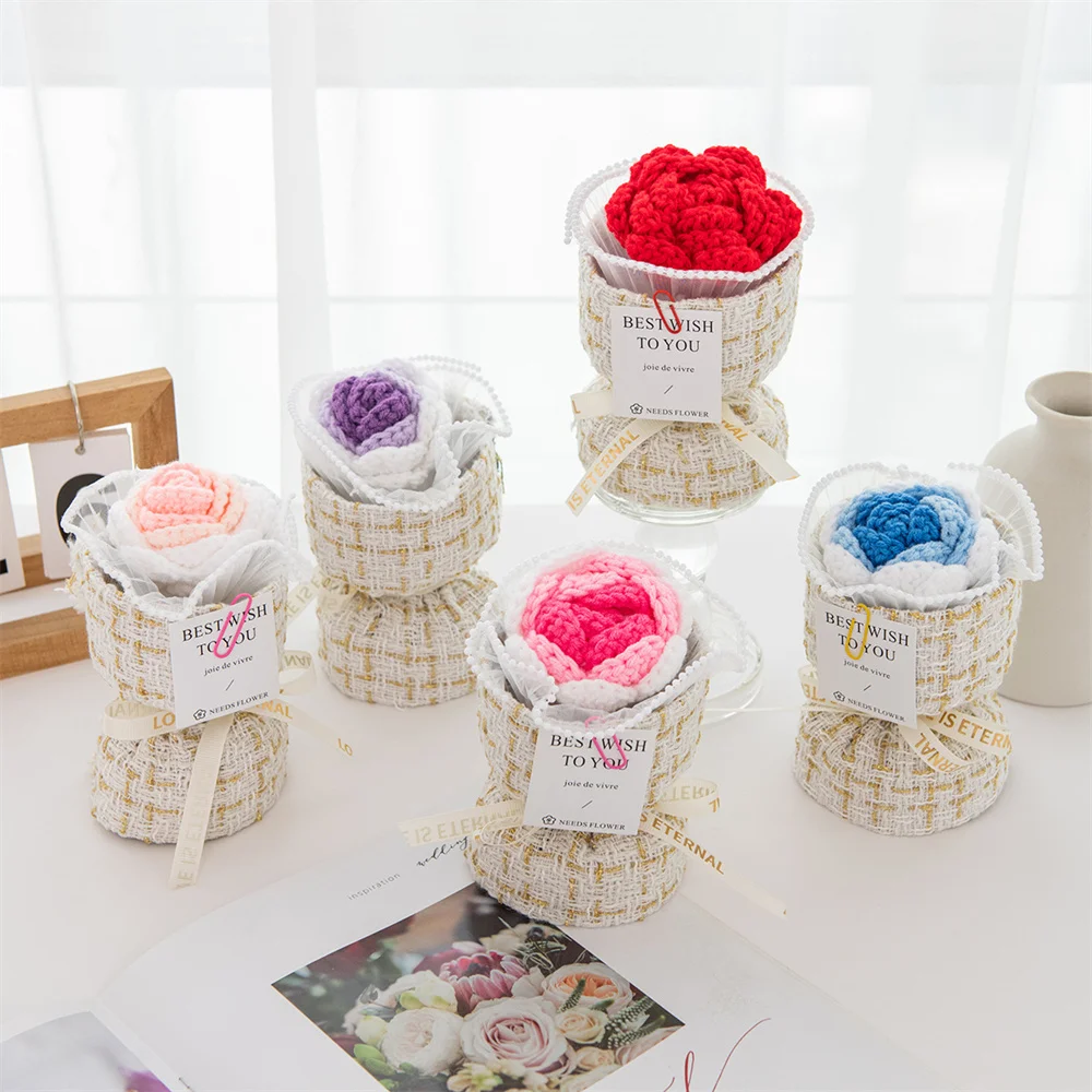 Knitted Flower Rose Simulation Flowers Mini Crochet Flowers Bouquet Home Table Decor Wedding Valentine's Day Gift Floral Decor