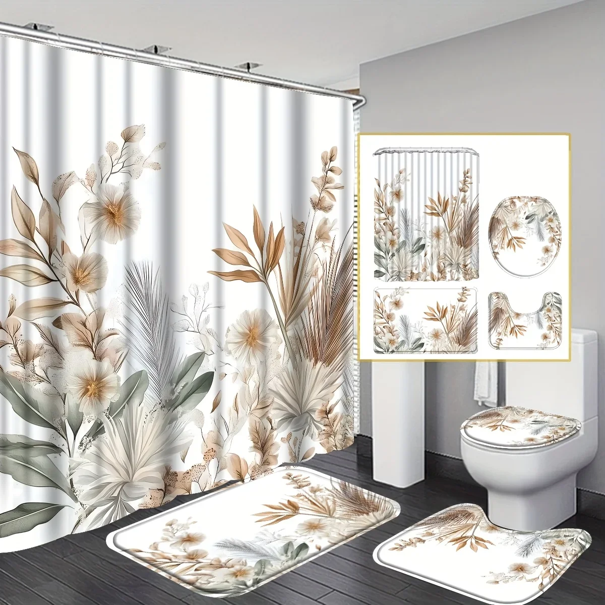 

Elegant Golden Feather Print Shower Curtain Four-Piece Set - Modern Bathroom Decor for a Luxurious and Stylish Ambiance