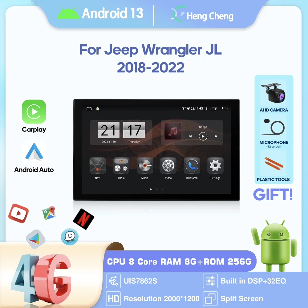 

11.8inch Android13 car radio multimedia player For Jeep Wrangler JL 2018-2022 GPS navigation stereo Android auto Carplay 4G 360