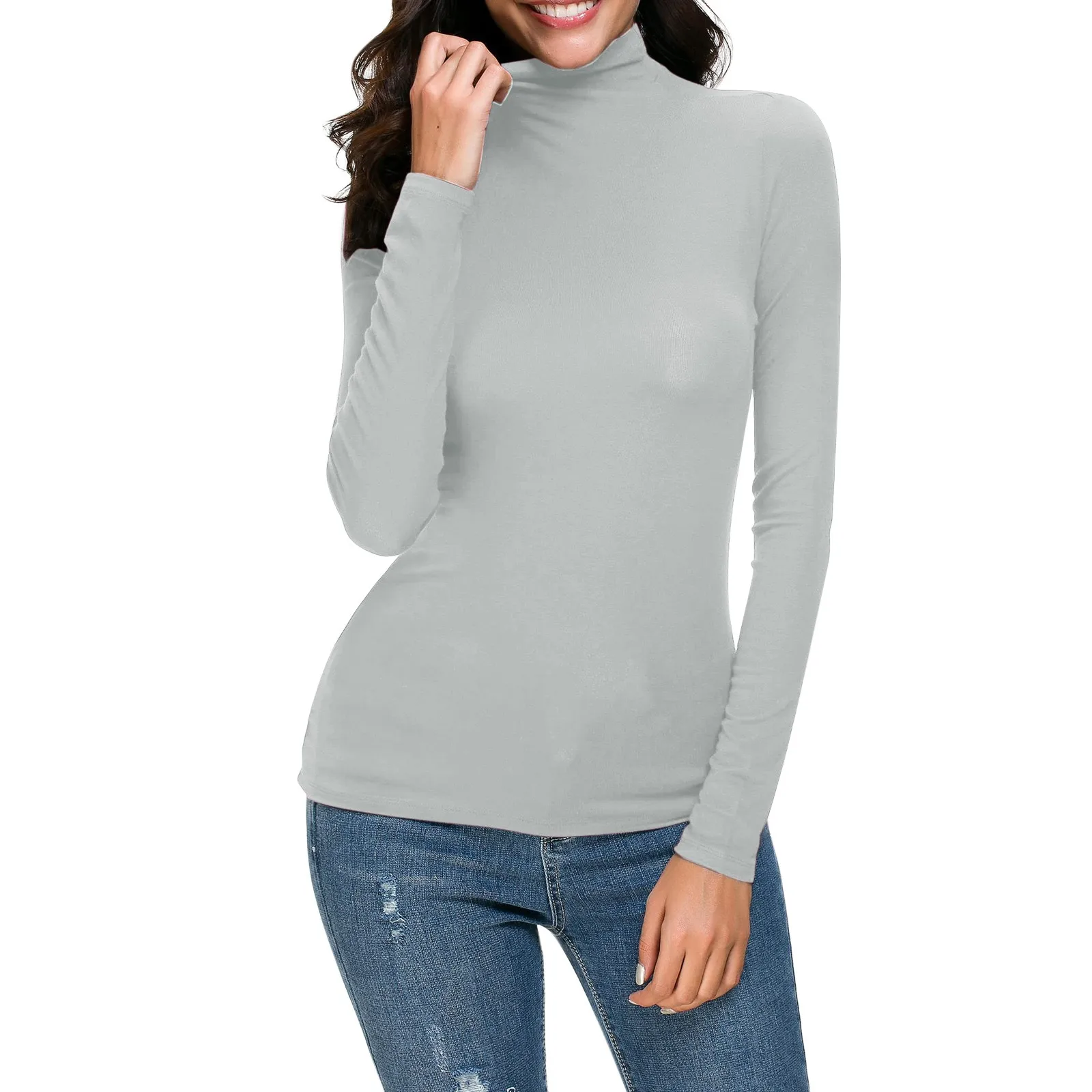 Women Knitted Tops Pullover Fashion Solid Color Long Sleeve Mock Turtleneck Blouse Base Tops Slim Fit Stretchy Layer Tee Shirts