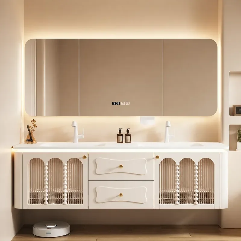 French Cream Style Double Basin Bathroom Cabinet with Rock Slab Hot Bending Integrated Sink Smart Storage Vanity Unit Retro