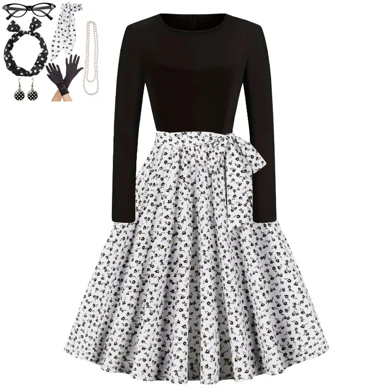 1950s Retro Hepburn Style Big Swing Dress with jewelry set earring necklace glasses Woman Spring Autumn Party Evening Dresses