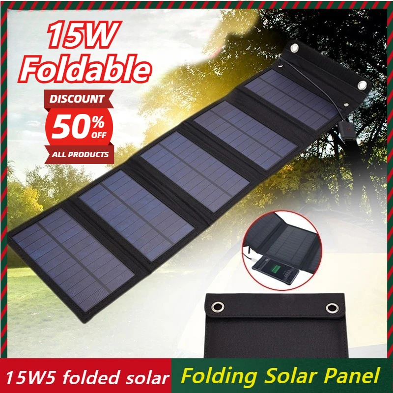 

5-Fold Foldable USB Solar Panel Outdoor 15W 5V Solar Cell Power Bank Charger For Climbing Camping Hiking Phone Mobile Charger