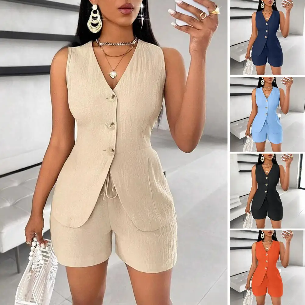 2025 Spring 2 Pieces Summer Outfits V Neck Button Front Sleeveless Tank and Casual Pocket Design Shorts Set