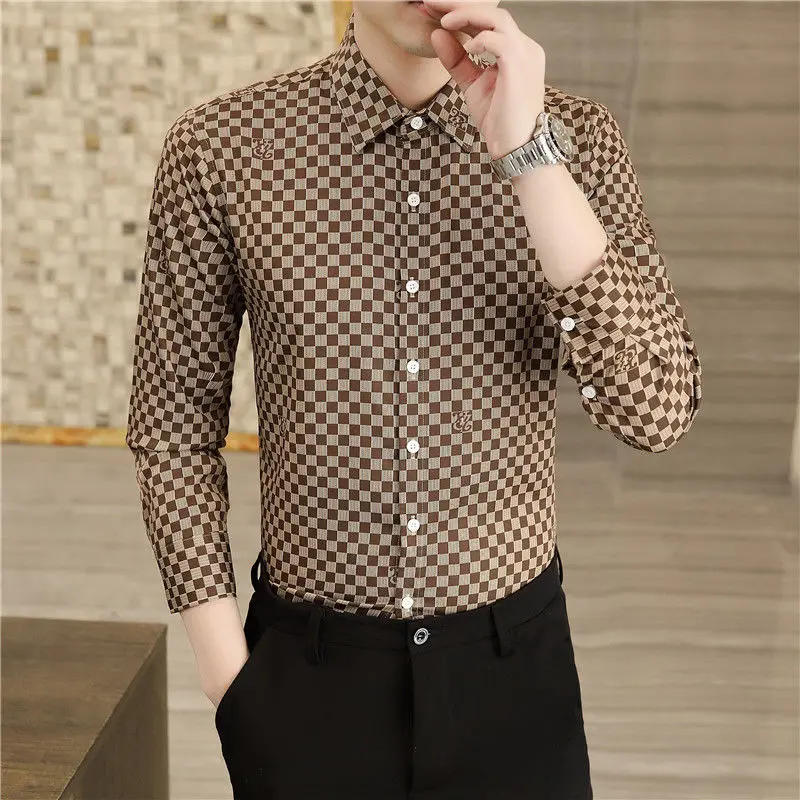 

Spring and Autumn Men's Polo Collar Single Breasted Solid Cardigan Geometric Printed Long Sleeve Plaid Contrast Tee Shirt Tops