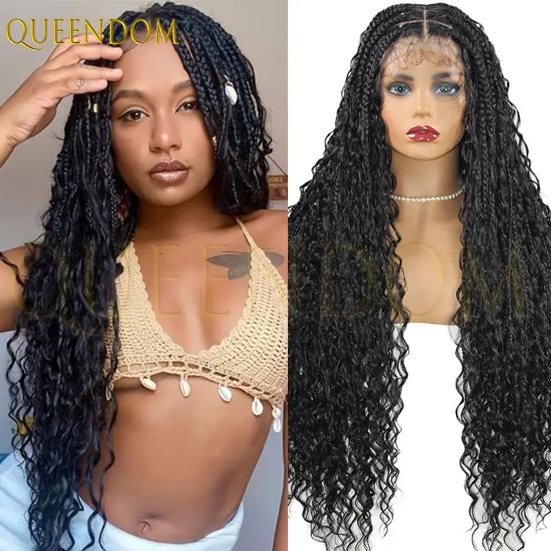 

Boho Box Braided Wigs Synthetic Curly Hair Full Lace Front Wigs for Black Women Goddess Locs Braid Wig Bohemian Box Braid Wig
