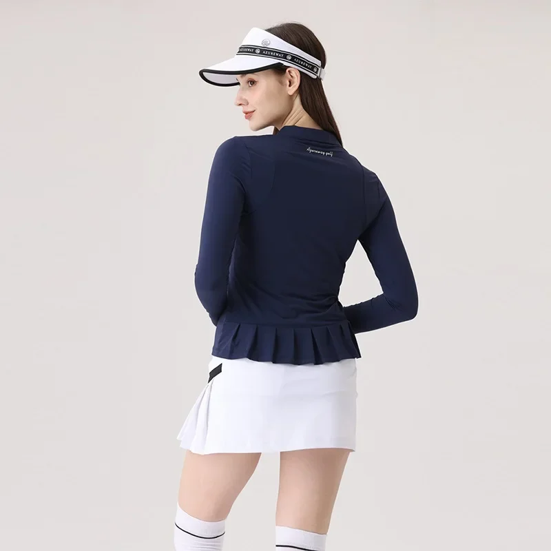 Azureway Korean Golf Clothing Women Slim Long Sleeve Golf T-shirt  Quick-dry V-neck Tops Summer Ladies Skirts with Inner Shorts