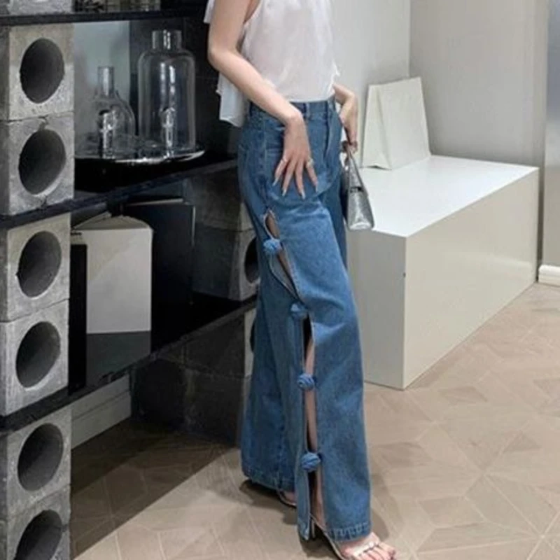 

Side Openwork Three-dimensional Flower Split Design Jeans 2025 Spring High Waist Wide Leg Women's Trousers