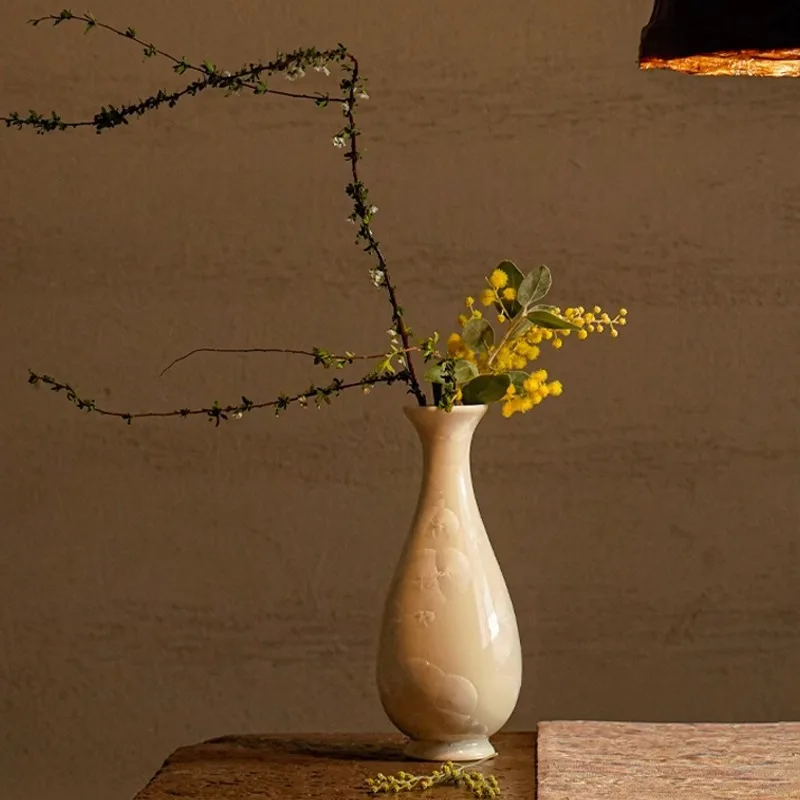 

Crystallized glaze ceramic vase - small floral arrangement for living room, desktop, or entryway - rich yellow porcelain vase
