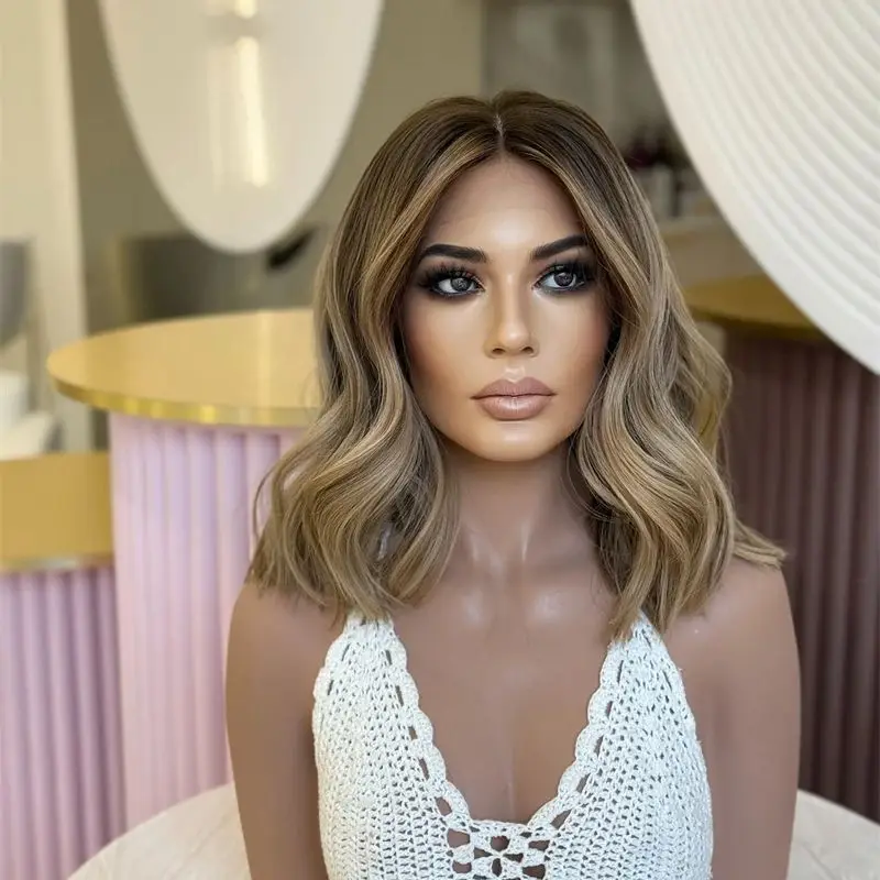 

Medium Size Cap Ombre Ash Blonde Brown Synthetic HD Lace Front Wig Balayage Pre Plucked Hairline Wave Bob For White Black Women