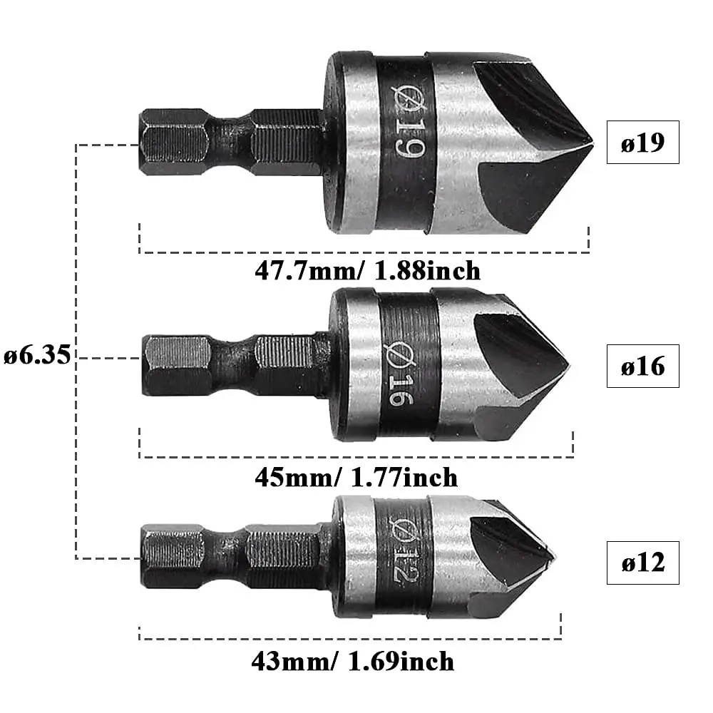 3Pcs Countersink Chamfer Drill Bit Set 5 Flute 90 Degree Chamfering Countersink Bits with 1/4Inch Hex Shank 12mm 16mm 19mm