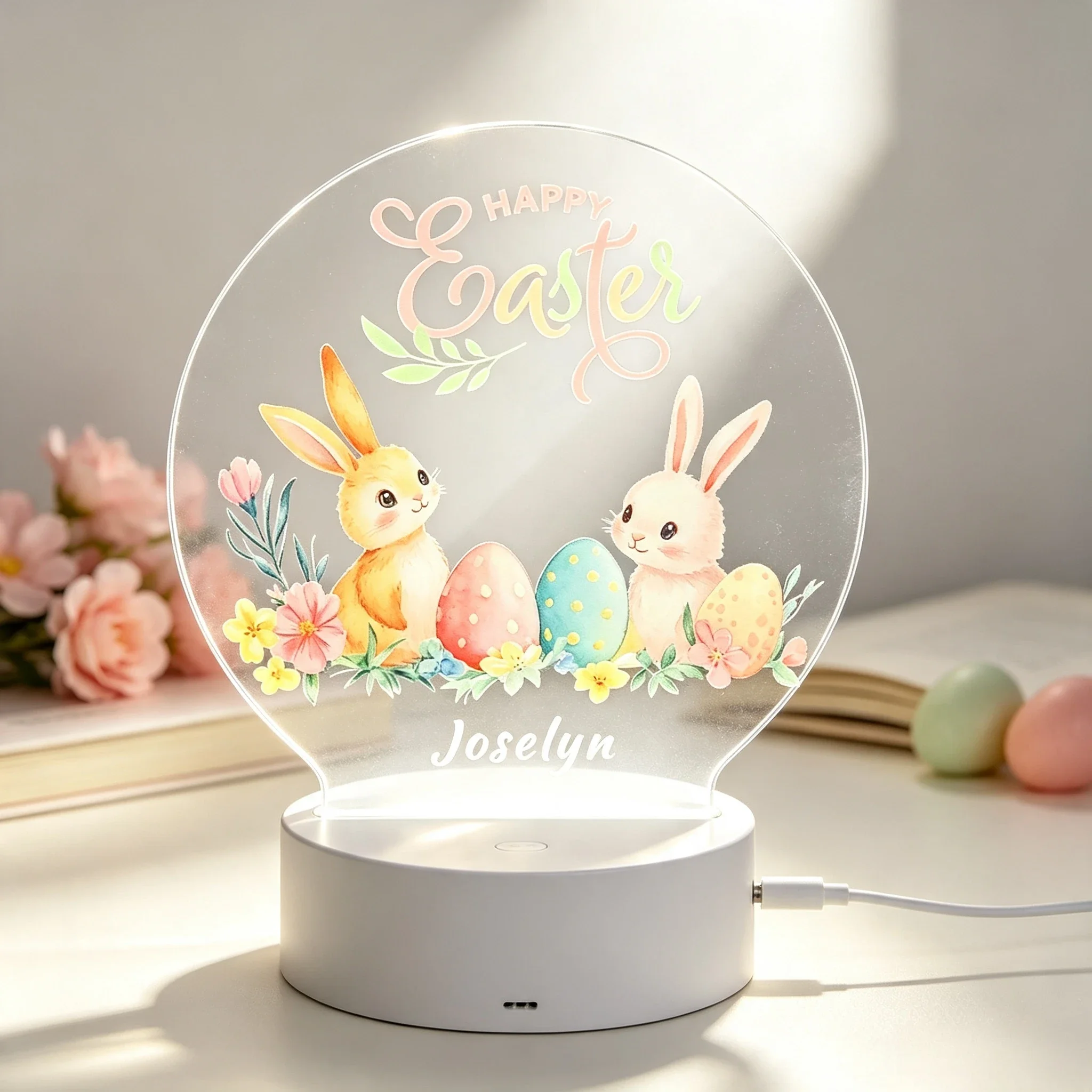 Spring Floral Easter Bunny Acrylic Nightlight Bedroom Decor Custom Lamp,Personalized Name Happy Easter Bunny Egg Acrylic LED Night Light
