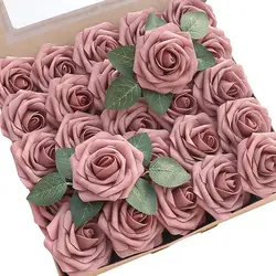 Artificial Flowers 25pcs Real Looking Dusty Rose Foam Fake Roses with Stems for DIY Wedding Bouquets Bridal Shower Centerpieces