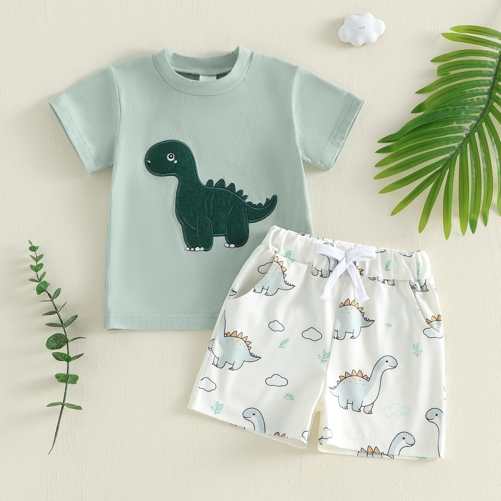 2Pcs Baby Boy Summer Outfits Short Sleeve Dinosaur Embroidery T-Shirt Shorts Set Toddler Boys Cute Clothes Set 1-4Y