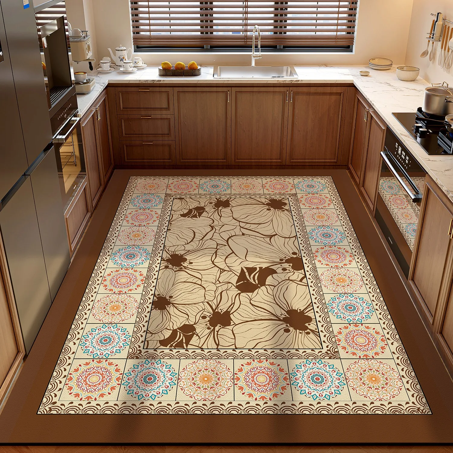 Kitchen Floor Mat Vintage Light Luxury Home Decoration Rug Non-slip Carpet Dirty Resistant Easy Clean PVC Leather Washable Mats