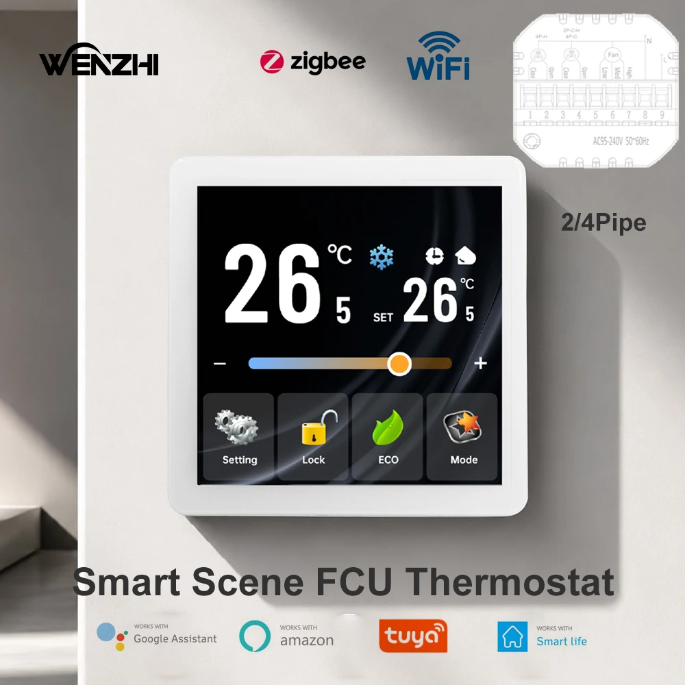 2in1 WiFi/Zigbee FCU/Fan Coil Air Conditioner Temperature Thermostat Touch Screen Scene Switch Tuya Smart Life Remote Control