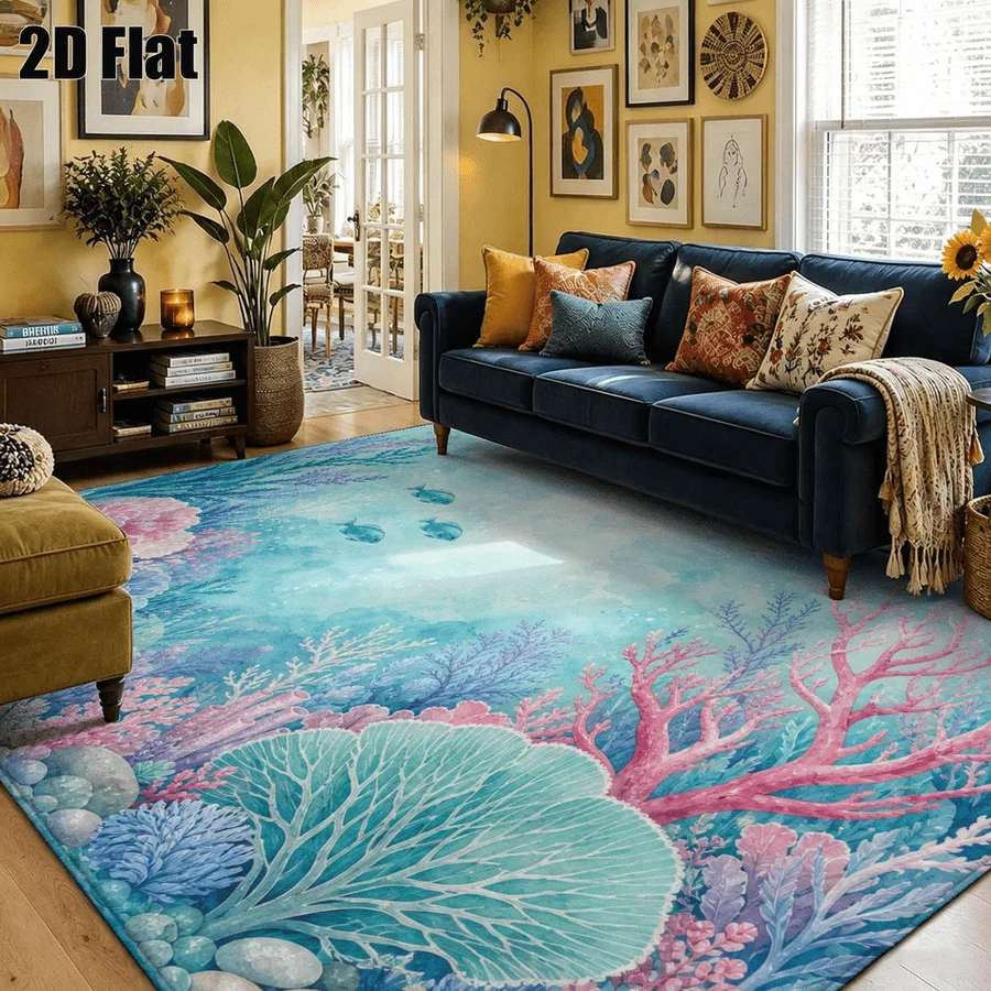 1Pc Morandi Color Scheme Underwater Coral Printed Carpet, Vintage Art Decorative Rug for Living Room, Bedroom, Dining Room, Bedside, Indoor and Outdoor Patio, Home Decor