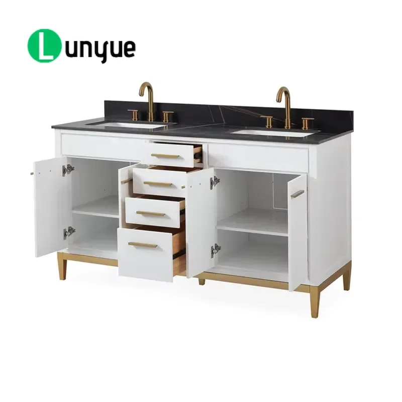 Modern Luxury White Lacquered 60 Inch Double Sink Bathroom Vanity Floor To Ceiling Eco Friendly Durable Easy Clean Washbasin