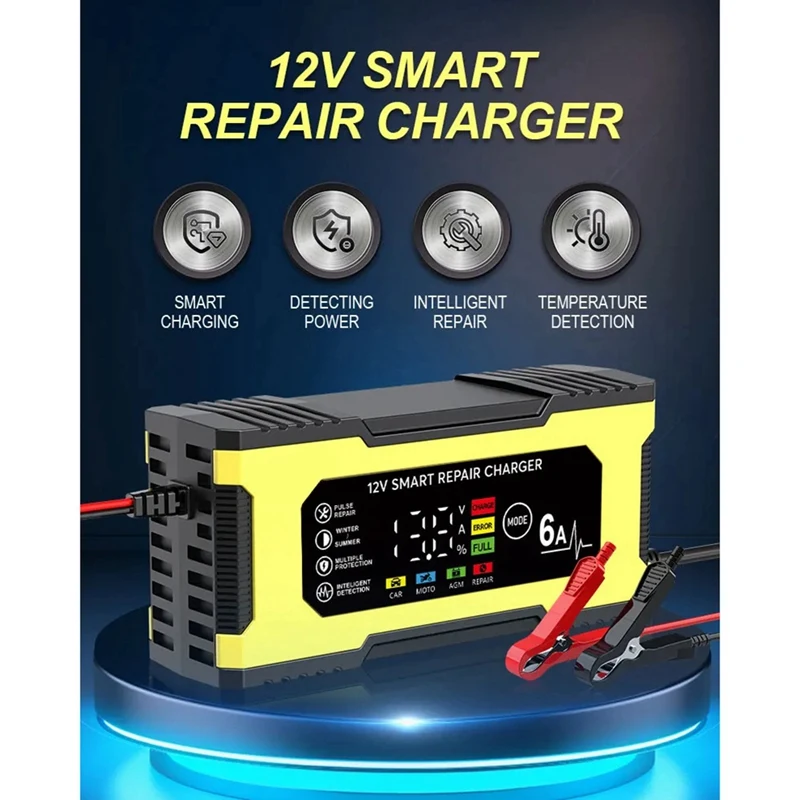 A35Q-12V 6A Smart Repair Charger Pulse Repair LED Display Smart Fast Charge Lead-Acid Charger For Car Auto Motorcycle