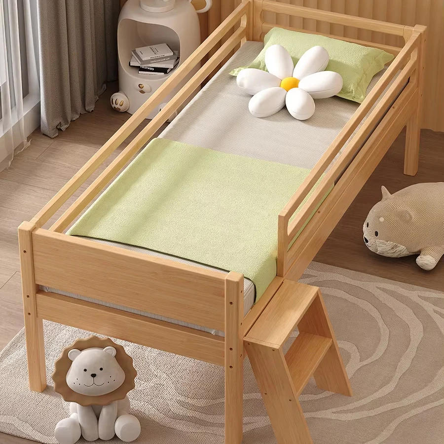 Solid Wood Children's Bed with Guardrails and Widening Small Stitching Cartoon Design Style for Bedroom or School Use