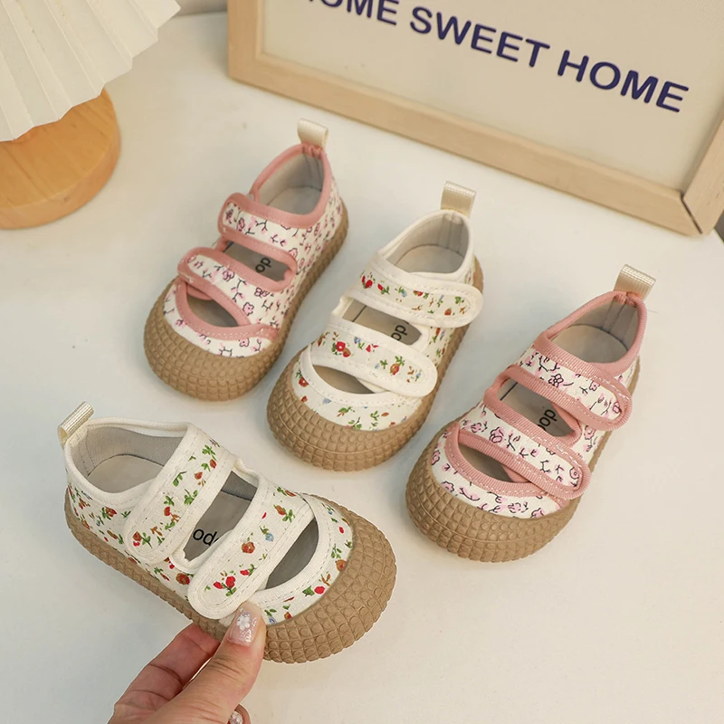 Floral Canvas Shoes Children Girls Square Mouth Casual  Kids Girl Soft Soled Non-slip Shoe