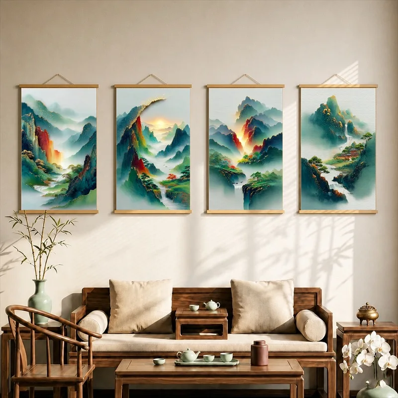 Wall Decorations Single Mountain in an Endless World, Zen Minimalism Pearlescent Canvas Hanging Scroll Decor for Meditation Room