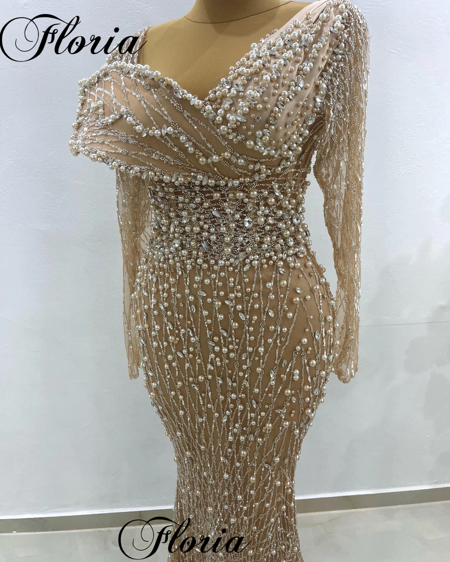 Special Champagne Pearls Cocktail Dresses For Women Long Sleeves Formal Occasion Dresses Mermaid Vestidos De Noche Prom Dresses