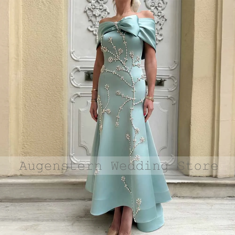 Luxury Mother of the Bride Dresses 2026 Satin Mermaid/Trumpet Wedding Party Dresses Mint Off-the-shoulder Crystals Wedding Dress