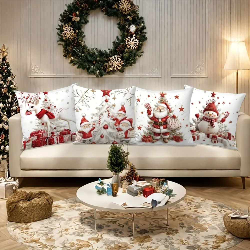 4pcs Festive Christmas Throw Pillow Covers, Featuring Santa, Snowman, Gnome Design for Home Sofa & Bedroom Decor (Covers Only)