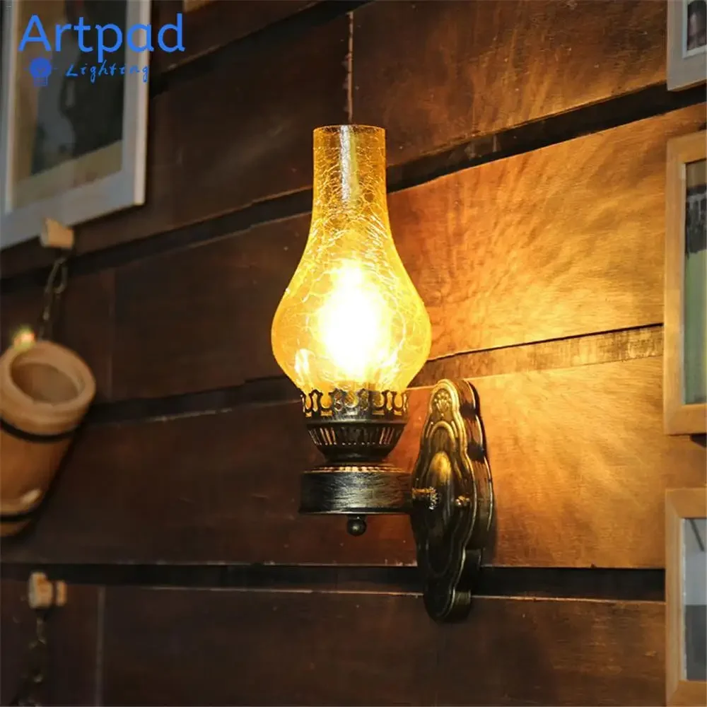 

Artpad Vintage Metal Wall Glass Light Chinese Style E27 Oil Lamp with Crack Lampshade Decoration for Bar Loft Corridor Bedroom