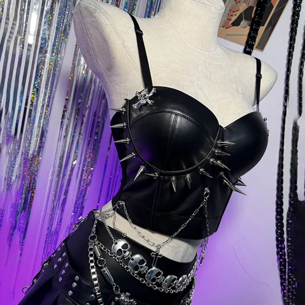 Chain Emo Goth Punk Rock Spike Studded Rivet DIY Grunge Skull Fashion Revival Harajuku Y2K Halter Camisole TOPS Fairy E-Girls
