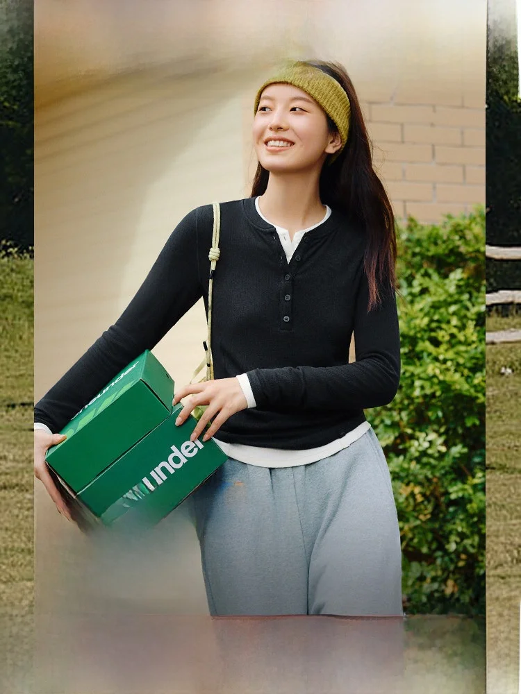 

Slim Fit Long Sve Henry irt Women's T-irt V-ne f Open Collar Bla White Top Breathable Comfortable Autumn Winter