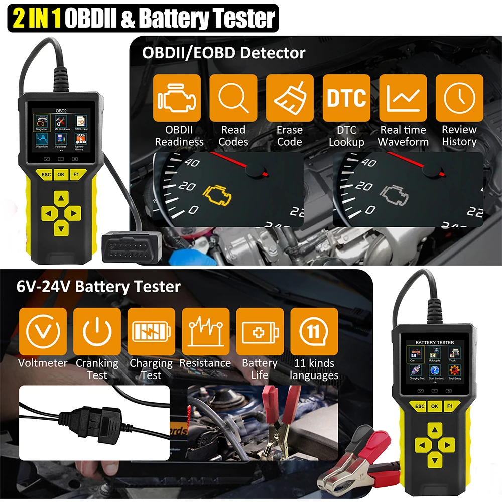 BT80 OBD2 Auto Scanner Diagnostic Tnstrument Tool 2 in1 Auto Batterij Tester Ondersteuning Meertalige Voor 6V 12V 24v Voertuig