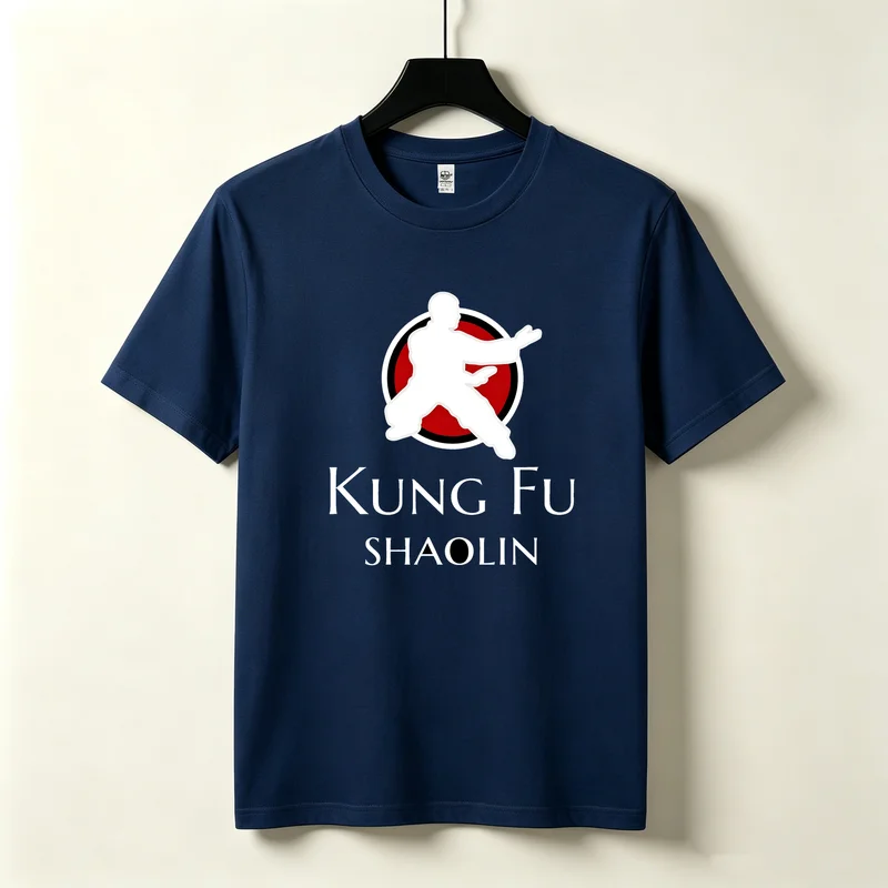 Shaolin Kung Fu Fighter Silhouette Red Black Circular Badge Emblem Bold Traditional Heavyweight Cotton Unisex T-Shirt Tee Top
