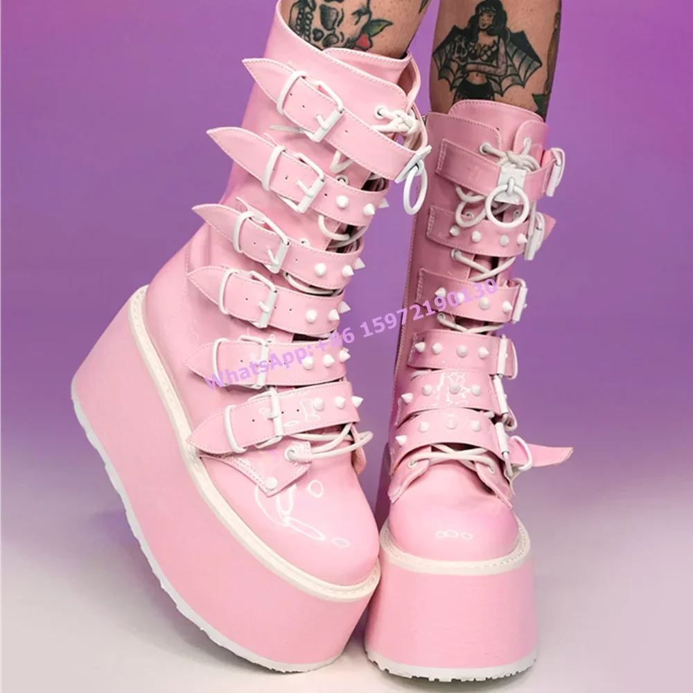 White Pink Rivet Boots Platform Multi Buckle Belt Cross Tied Lace Up Thick Soled Sweet Shoes Lovely Girls Dress Mid Calf Boots