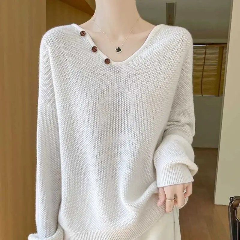 Cream V Neck Knit Sweater Long Sleeve Loose Pullover with Button Details Soft Warm Top for Women Autumn Winter 3