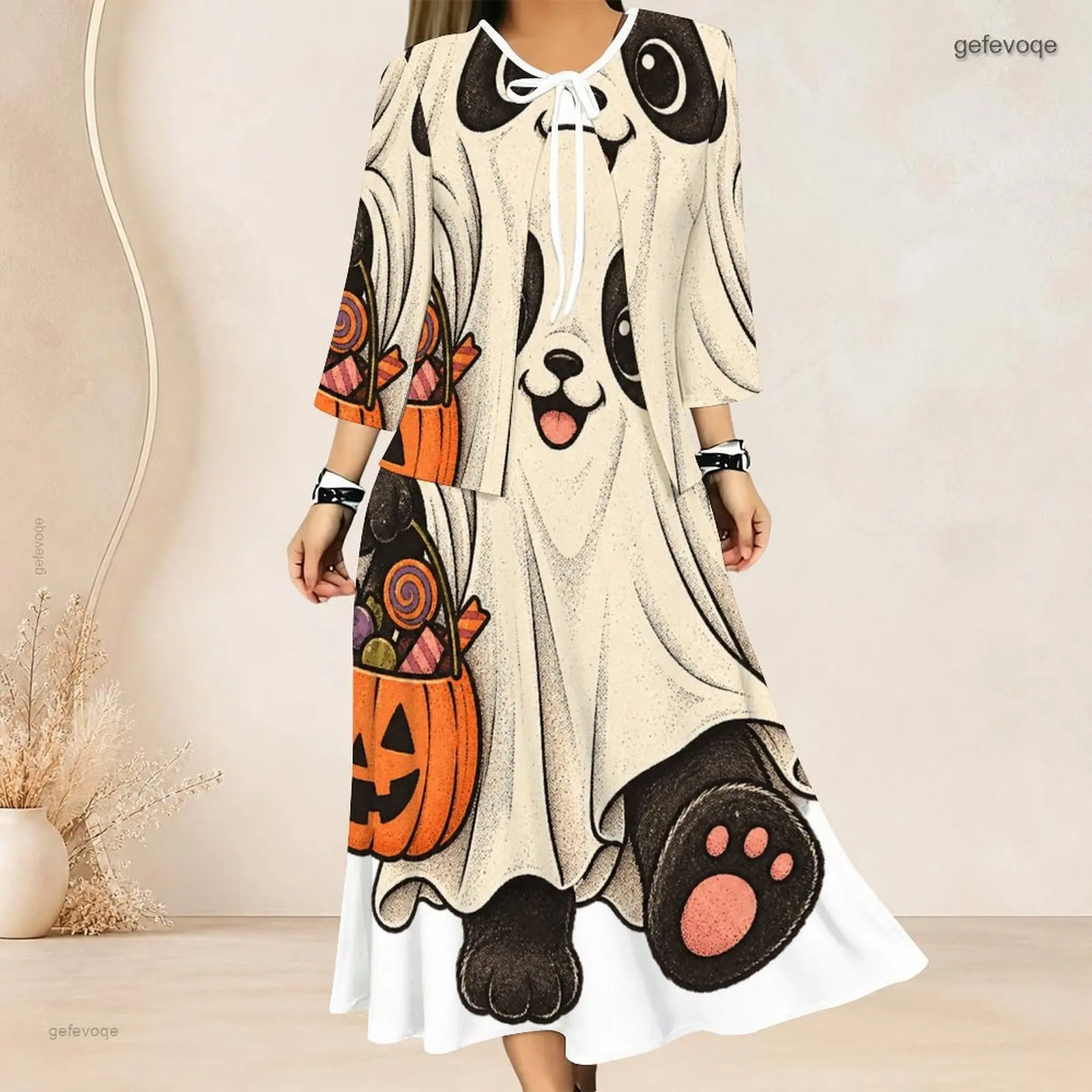 Women 3/4 Sleeve Two Piece Dress Set, Cartoon Ghost Panda Pumpkin Candy Pail Printed Long Dress Outfit