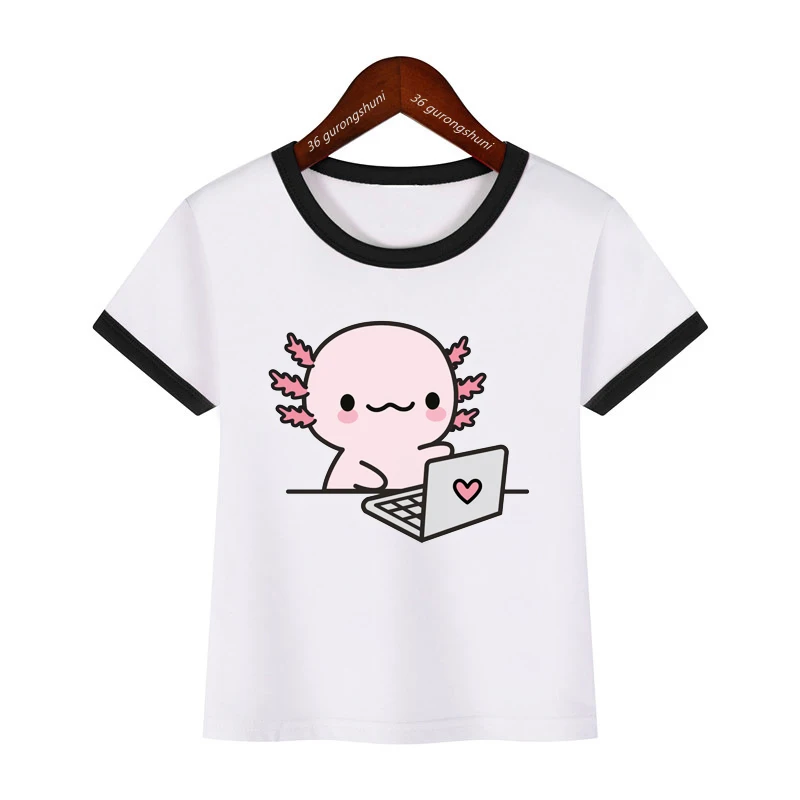 Kawaii girls tshirt Axolotl Hugging A Heart-Kids T-Shirt Summer Children'S Short Sleeve Fashion Trend Boys/girls tshirtclothing