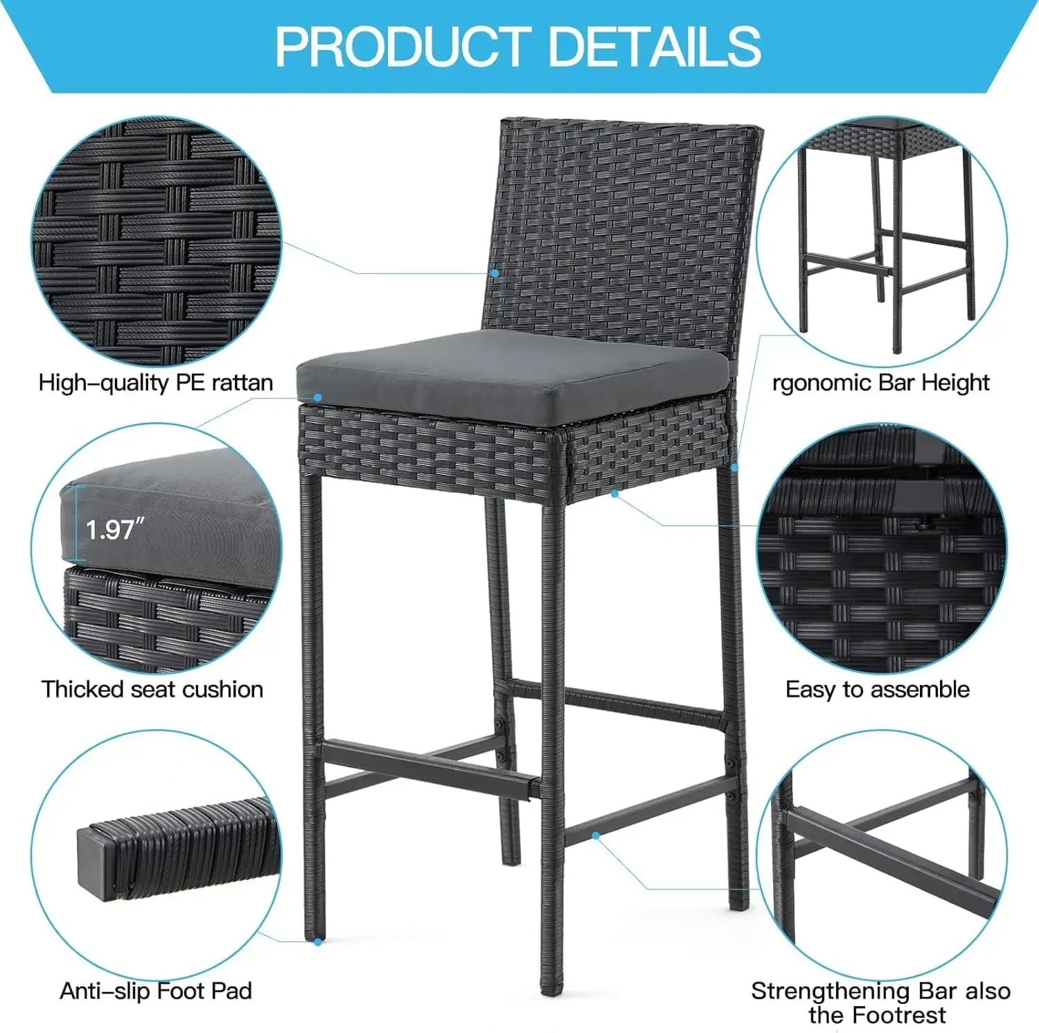 [عرض لفترة محدودة، اشترِ الآن! ]مقاعد بار خارجية، ومقاعد فناء منسوجة من الخيزران وكراسي بار للفناء مع وسادة مقعد وأقدام مريحة