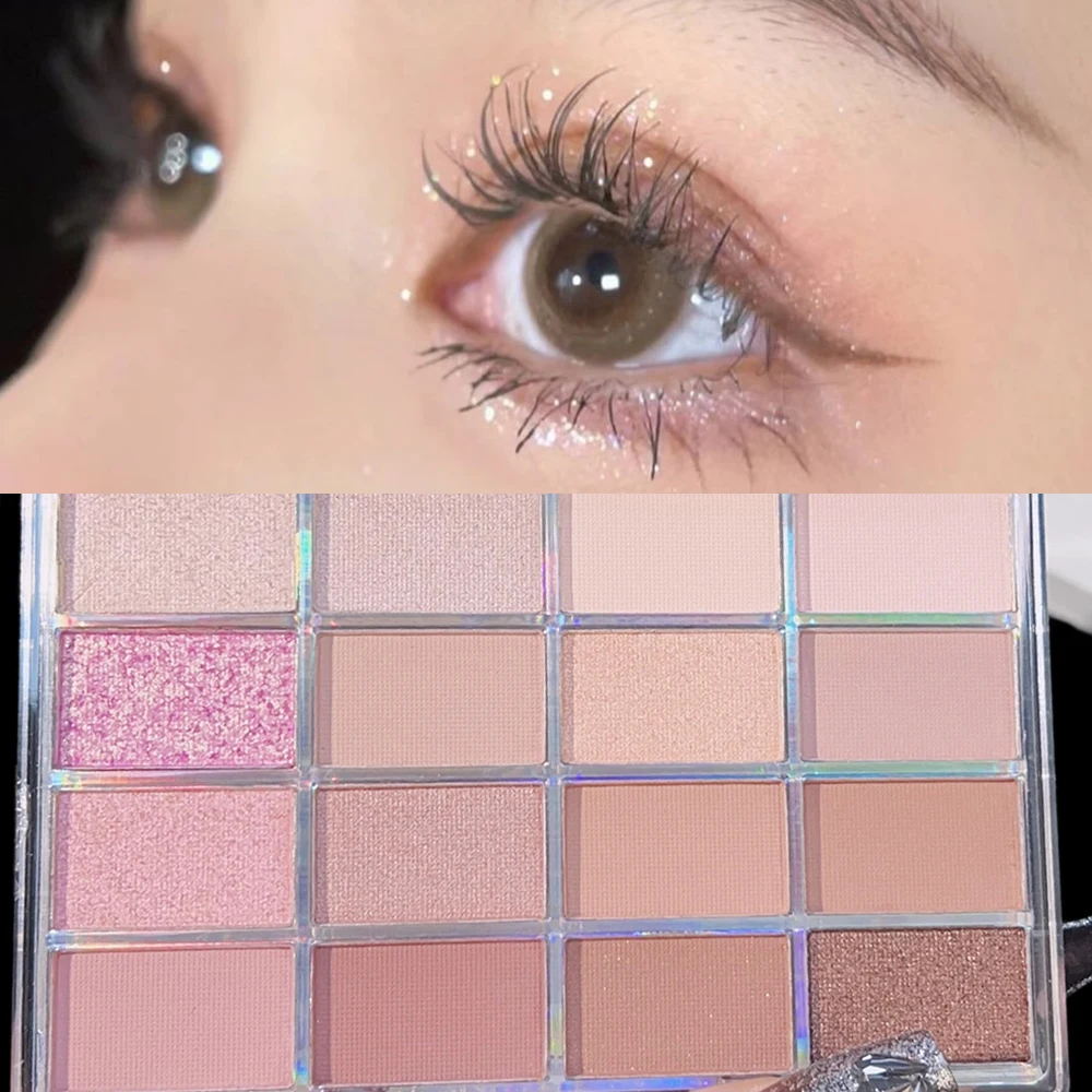 Paleta de sombra de ojos de 16 colores, paleta de maquillaje de ojos con brillo, lentejuelas rosas, mate, resistente al agua, encantador, cosméticos para mujeres y niñas