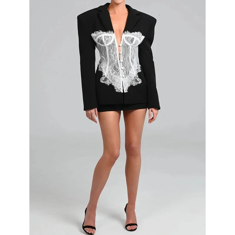 Patchwork Long Sleeve  Blazer Women Elegant Fashion Deep V Neck Embroidery Single-breasted Blazers Coat Female