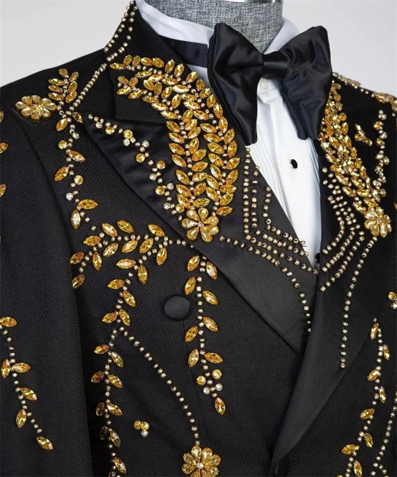 Golden Crystals Men Suits Set 2 Pcs Blazer+Pant Trousers Formal Office Prom Wedding Tuxedo Coat Customized Formal Office Jacket
